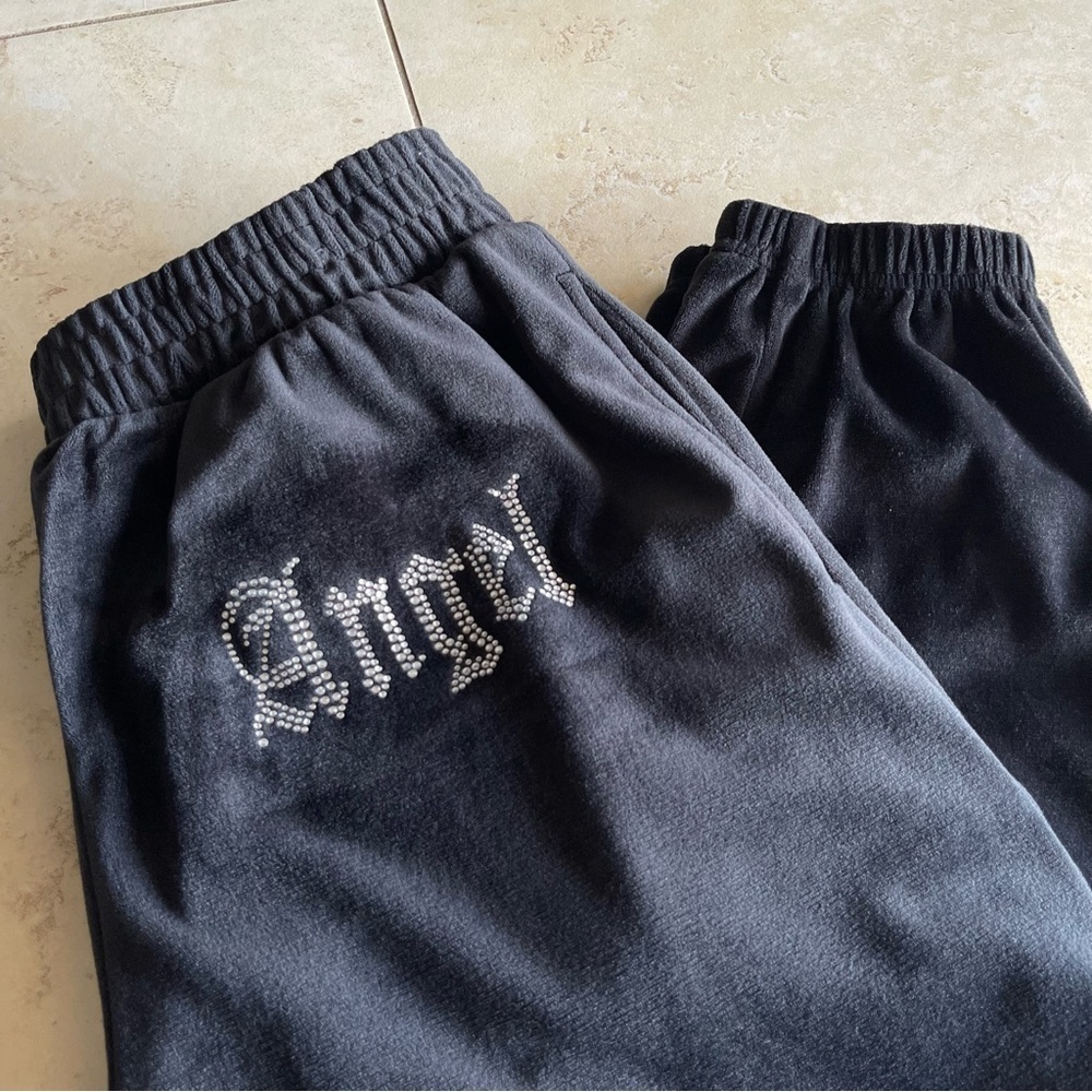 Velour Angel Rhinestone Embellished Black Jogger Pants Y2K Loungewear Size Large - Picture 2 of 4